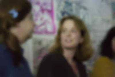 Sands Murray-Wassink (left) and Radna Rumping (right). Sands Murray-Wassink with Megan Hoetger, Radna Rumping, and Vivian van Saaze, *Gift Science Archive Process Event #1: VALUE. What is trash? What is trashy but valuable?*, Rijksakademie van beeldende kunsten, March 2020. Photo: Silvia Ulloa Márquez, courtesy of If I Can't Dance, Amsterdam.