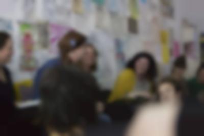 Left to right: Vivian van Saaze, Sands Murray-Wassink, Radna Rumping, Megan Hoetger. Sands Murray-Wassink with Megan Hoetger, Radna Rumping, and Vivian van Saaze, *Gift Science Archive Process Event #1: VALUE. What is trash? What is trashy but valuable?*, Rijksakademie van beeldende kunsten, March 2020. Photo: Silvia Ulloa Márquez, courtesy of If I Can't Dance, Amsterdam.