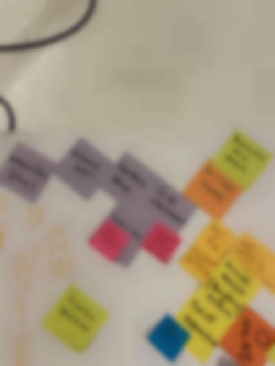 Detail of an arrangement of colourful sticky notes, stuck to a large white sheet of paper that is laid on the ground. On the left, there are some handwritten notes in orange. The legible sticky notes read: Cachorritos, In-situ Sounds, Live Electronics, Speakers Set-up. On the top left corner, part of a black cable can be seen on the ground.