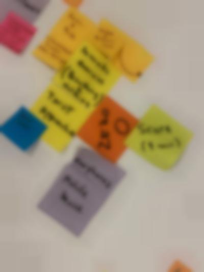Arrangement of colourful sticky notes, stuck to a white surface. The legible ones read: Score (9min), earphones, Mobile Device, Somatic Exercise (Breathing & Walking).