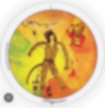 Round tarot card. On its outer edge, a 1 can be read at the top and the word 